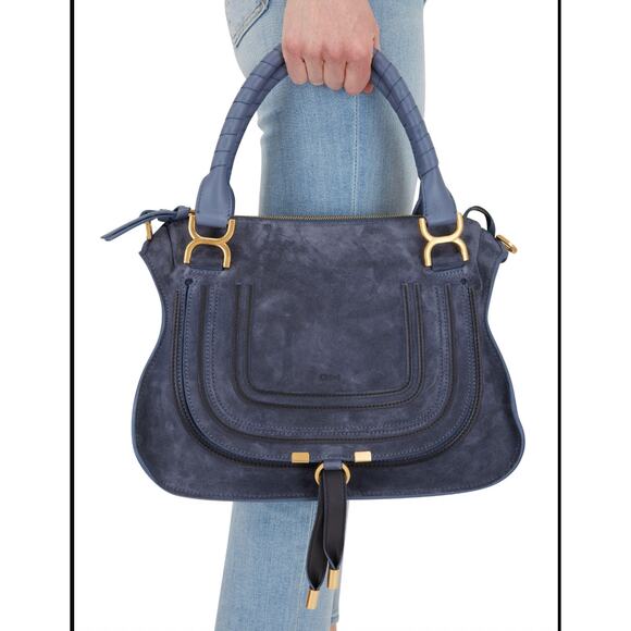 Chloe Marcie Graphite Suede Calfskin Satchel Medium Navy Blue Double Carry Bag - Picture 2 of 16